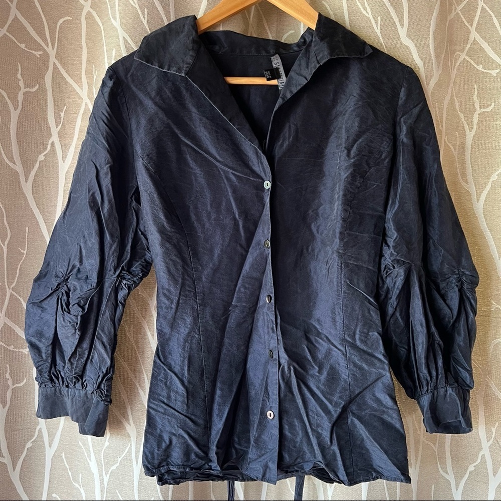 Lafayette 148 New York Washed Black Bell Sleeve Button Up Blouse